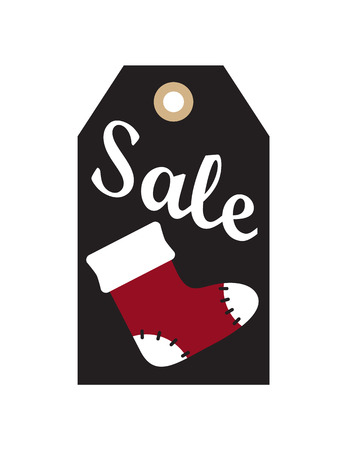 Sale New Year, tag sample of rectangular shape of black color with hole in it, image of warm knitted sock on vector illustration isolated on whiteのイラスト素材