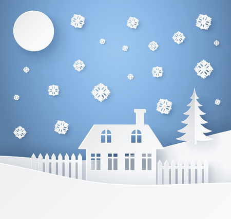 Merry Christmas Poster Made of Paper with Houseのイラスト素材