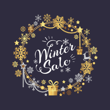 Winter sale poster in decorative frame made of silver and gold snowflakes, snowballs in xmas border, presents and gifts isolated on black vectorのイラスト素材