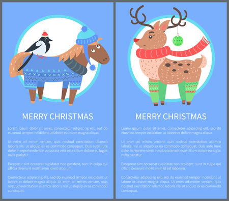 Merry Christmas Postcard with Horse Bullfinch Deerのイラスト素材
