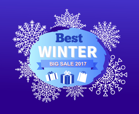 Best winter big sale 2017, promotional poster with unique snowflakes, headline in circle and ribbon and icon of present, vector illustrationのイラスト素材