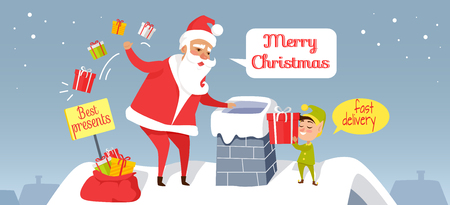 Santa Christmas and fast delivery of best presents. Claus throwing presents in chimney. Cartoon Santa and dwarf standing on roof of house, gnome gives gift box. Holiday vector web banner.のイラスト素材