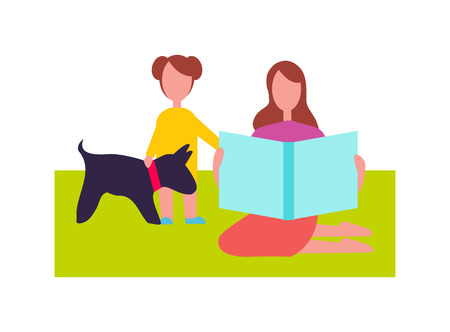 Mother and Daughter with Little Dog Illustrationのイラスト素材