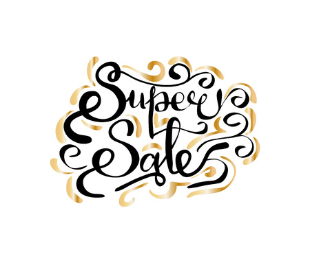 Super sale inscription with golden curved elements vector illustration isolated on white background. Calligraphic text with information about discountsのイラスト素材