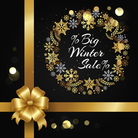 Big winter sale with wreath and titles inside of it, snowflakes and leaves with circles and ribbons vector illustration isolated on blackのイラスト素材