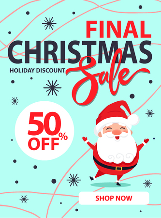 Christmas final sale holiday discount poster with happy jumping or dancing Santa Claus on blue background with snowflakes vector illustration bannerのイラスト素材