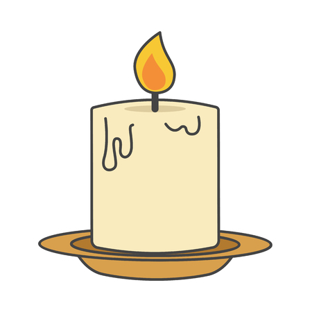 Burning candle on beige plate flat style close-up icon isolated on white.のイラスト素材