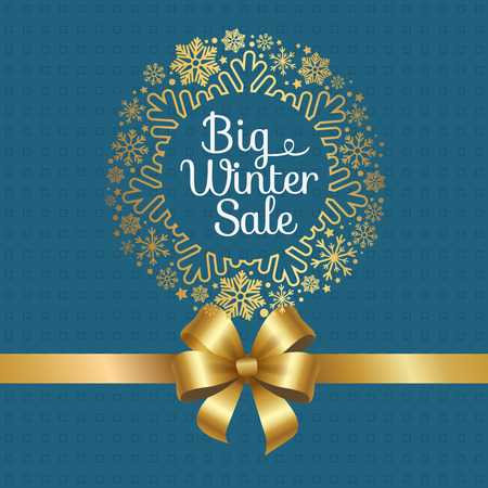 Big winter sale poster with gift bow, decorative frame made of golden snowflakes, snowballs of gold in xmas concept vector on ornamental blueのイラスト素材