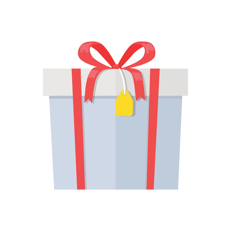 Gift box with decorative drawing on wrapping paper, red box and ribbon vector illustration isolated on white background.のイラスト素材
