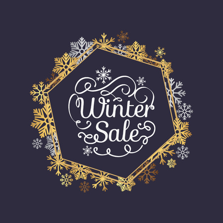Winter sale poster in decorative frame made of silver and gold snowflakes, snowballs in xmas border, presents and gifts isolated on black vectorのイラスト素材