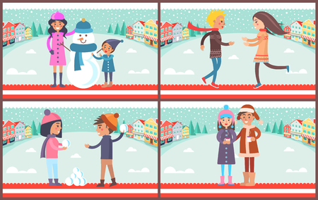 Mother and son with snowman dressed in hat and scarf, couple playing snowball fight, boy and girl with mug of hot tea, set vector illustrationのイラスト素材