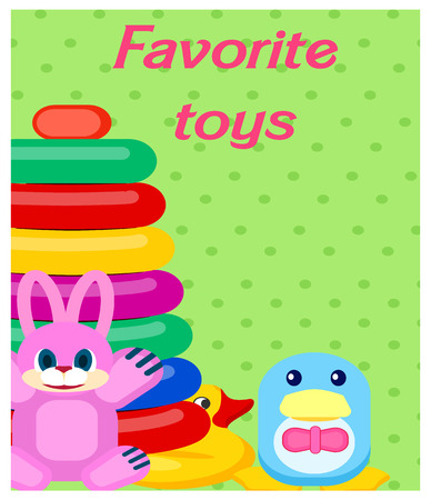 Favorite plastic toys as pink hare, blue penguin, tall pyramid and yellow duck colorful vector poster on green spotty background.のイラスト素材