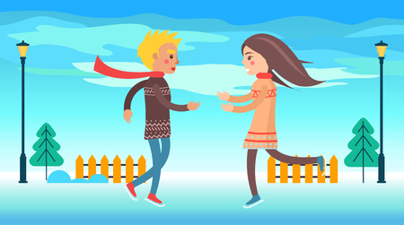 Happy couple boy and girl running to each other outdoors at wintertime at background of winter landscape, fence and lanterns vector illustration.のイラスト素材