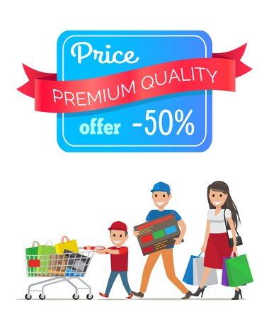Price premium quality offer 50 percent low cost special offer discount promo poster people shopping. Parents and boy carrying trolley full of packages vector icon.のイラスト素材