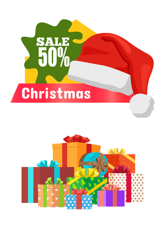 Christmas Sale Poster Promo Label Hat and Giftsのイラスト素材