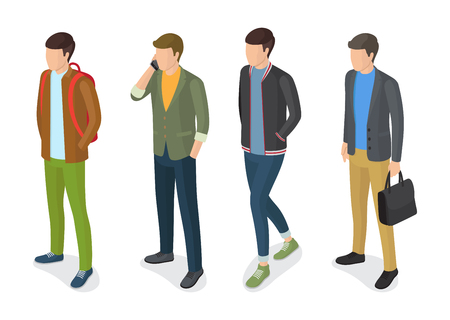 Stylish men models in fashionable apparels, jackets and trousers vector illustrations isolated on white.のイラスト素材