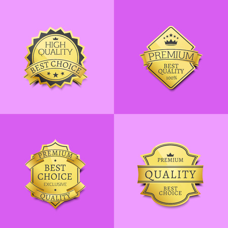 Collection of premium quality best golden labels guarantee sticker awards, vector illustration certificate emblems isolated on purple backdropのイラスト素材