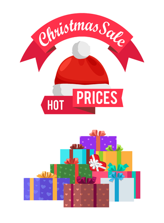 Hot prices Christmas sale gift card with emblem decorated by Santa hat, packed presents for buyers, vector discount voucher with gifts isolated on whiteのイラスト素材