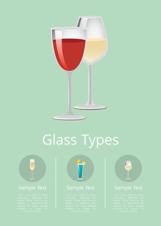 Glass types advertising poster with glassware of different shapes with alcohol drinks in round buttons vector illustrations with sample textのイラスト素材