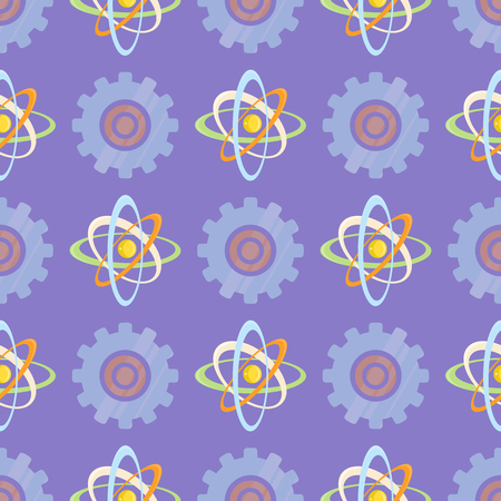 Seamless pattern with science themed atomic model and mechanical gear. Molecule scheme of rotating elements vector illustration.のイラスト素材