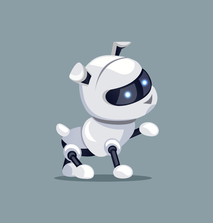 Robotic dog with raised paw and glowing eyes, short and cute ears, creature produced by people, vector illustration isolated on grey background