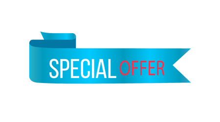 Special offer glossy banner, vector illustration of bright blue ribbon with white and red advertising message on it, isolated on white backgroundのイラスト素材