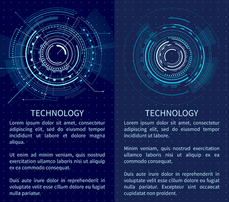 Technology banner with two interface patterns vector illustration with text sample various bright lines circles and polygons isolated on dark backdropのイラスト素材