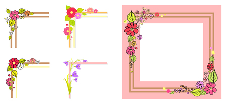 Pink frame two thick parallel lines, bouquet made of flowers and green leaves, different design of corners with floral elements vector illustrationsのイラスト素材