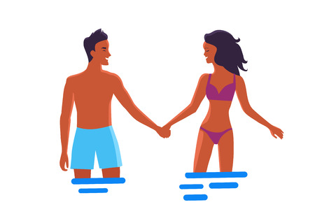 Man and woman in swimwear stand in water, hold hands, look at each other and smile isolated vector illustration on white background.のイラスト素材