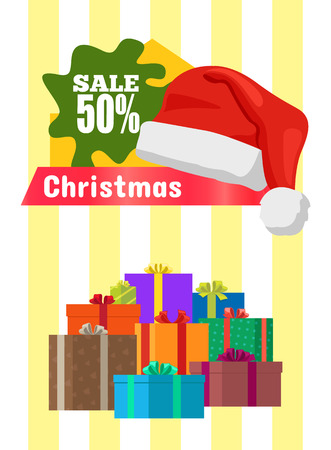 Christmas sale poster Santa Claus hat on discount label with snowflake, heaps of gift boxes on striped background vector illustration banner presentsのイラスト素材