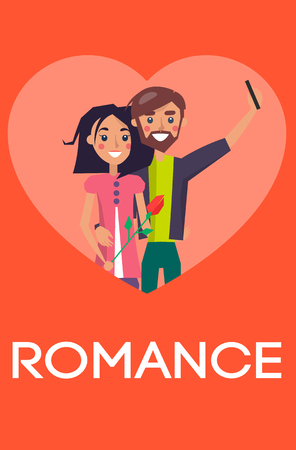 Romance concept, couple in love making selfie on smartphone, pair of boy and girl lovers, woman holding flower gift in hand vector Valentines Dayのイラスト素材
