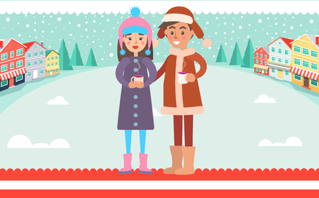 Girl and Boy in Warm Winter cloth Cups of Hot Teaのイラスト素材