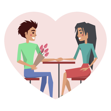 Couple in love, man with flower sitting on chair by table, woman wearing blue skirt, people loving each other, isolated on vector illustrationのイラスト素材