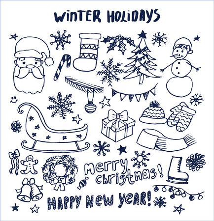 Happy New Year Winter Holidays Hand Drawn Elementsのイラスト素材