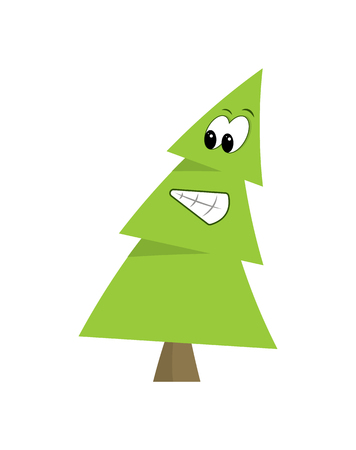 Vector illustration of surprised Christmas tree with black and white eyes, brown trunk and mouth with closed teeth, card isolated on light backgroundのイラスト素材