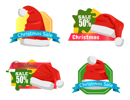 Set of Christmas holiday sale badges or stickers with Santa Claus hat and lettering on colourful tags, isolated on white, vector illustration.のイラスト素材