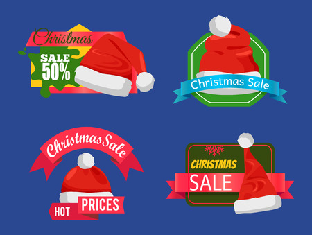 Christmas sale super choice half price banners vector illustration with red Santa s hats isolated on dark blue background, ad text, glossy ribbonsのイラスト素材