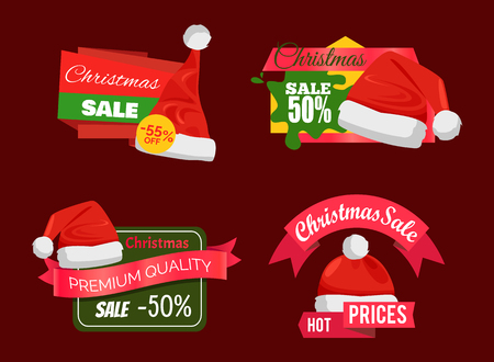 Set of premium quality half price promo cards vector illustration with six Santa s hats isolated on cherry background, advertising text, cute ribbonsのイラスト素材