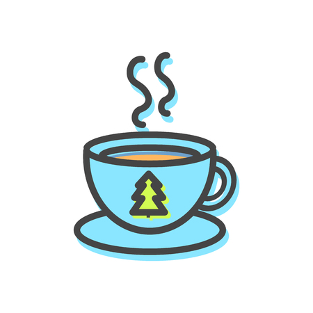 Cup of hot tea or coffee, mug of blue color with image of evergreen Christmas tree on it, warm drink in cold weather isolated on vector illustrationのイラスト素材