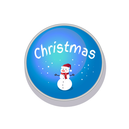 Smiling Christmas snowman in cute red hat with bright red scarf isolated on blue button with snow, vector illustration isolated on white backgroundのイラスト素材