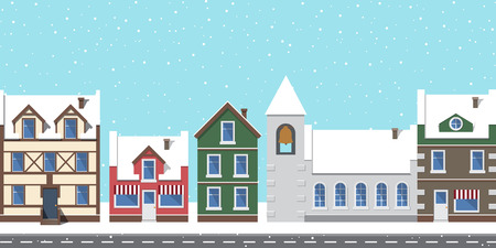 Cityscape with buildings and tower with big bell, covered with snow, falling snowflakes and empty road, city isolated on vector illustrationのイラスト素材