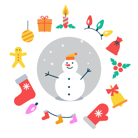 Snowman and icons around it, garlands and red bag, mistletoe and bell with bow, mitten and socks, gingerbread man and ball vector illustrationのイラスト素材