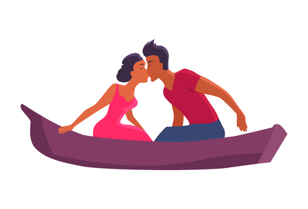 Couple in love swims on purple canoe and kisses isolated vector illustration on white background. Woman in pink dress and man in T-shirt and jeans.のイラスト素材