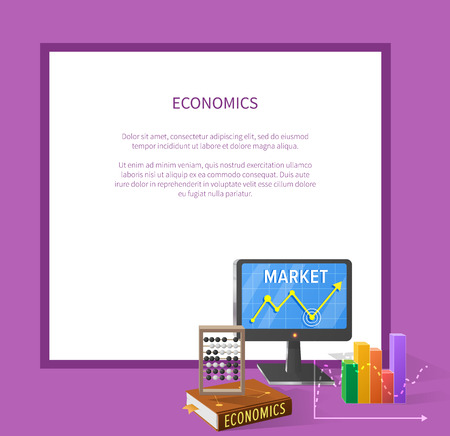 Market and economics banner with computer screen, various charts, textbook with counting frame and icons of currencies isolated vector illustration with place for text.のイラスト素材