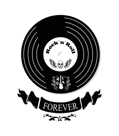 Rock n roll forever, images of vinyl with good sound, guitar and curves, skull and wings, and ribbon with written text vector illustrationのイラスト素材