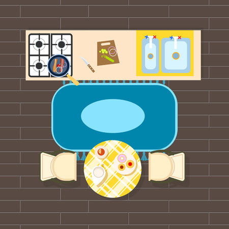 Kitchen interior decor with images of chairs and table with plates, stove and counters, sinks and cutting board on wooden floor vector illustrationのイラスト素材