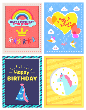 Set of happy birthday little princes pictures vector illustration with yellow crown, magic unicorn, festive cone, and lot of hearts, clouds and birdsのイラスト素材