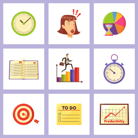 Mechanic clocks, shocked woman, colorful graphics, convenient diary, old timer, target with arrow and to do list isolated vector illustrations set.のイラスト素材