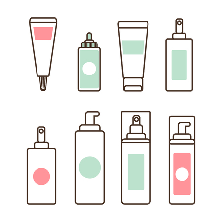 Plastic tubes and bottles with dispensers full of natural skincare means. Isolated minimalistic cartoon vector illustrations set on white background.のイラスト素材