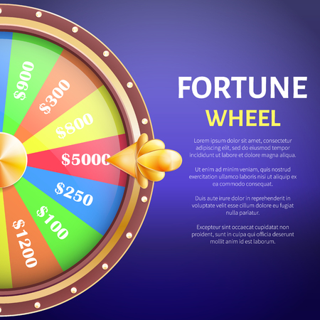 Fortune wheel poster with place for text and full length of entertainment round gambling machine with spin pointing on 5000 dollars prize vectorのイラスト素材